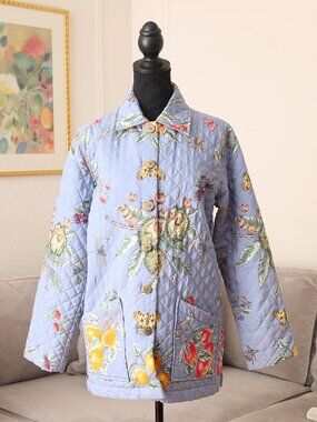 J. MCLAUGHLIN 100% Silk Blue Botanical Quilted Puffer Chore Jacket